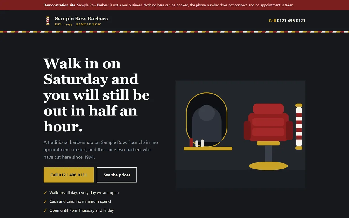 The barber demonstration site, Sample Row Barbers, shown on a desktop screen