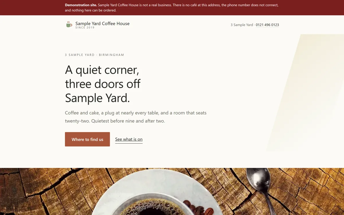 The cafe demonstration site, Sample Yard Coffee House, shown on a desktop screen