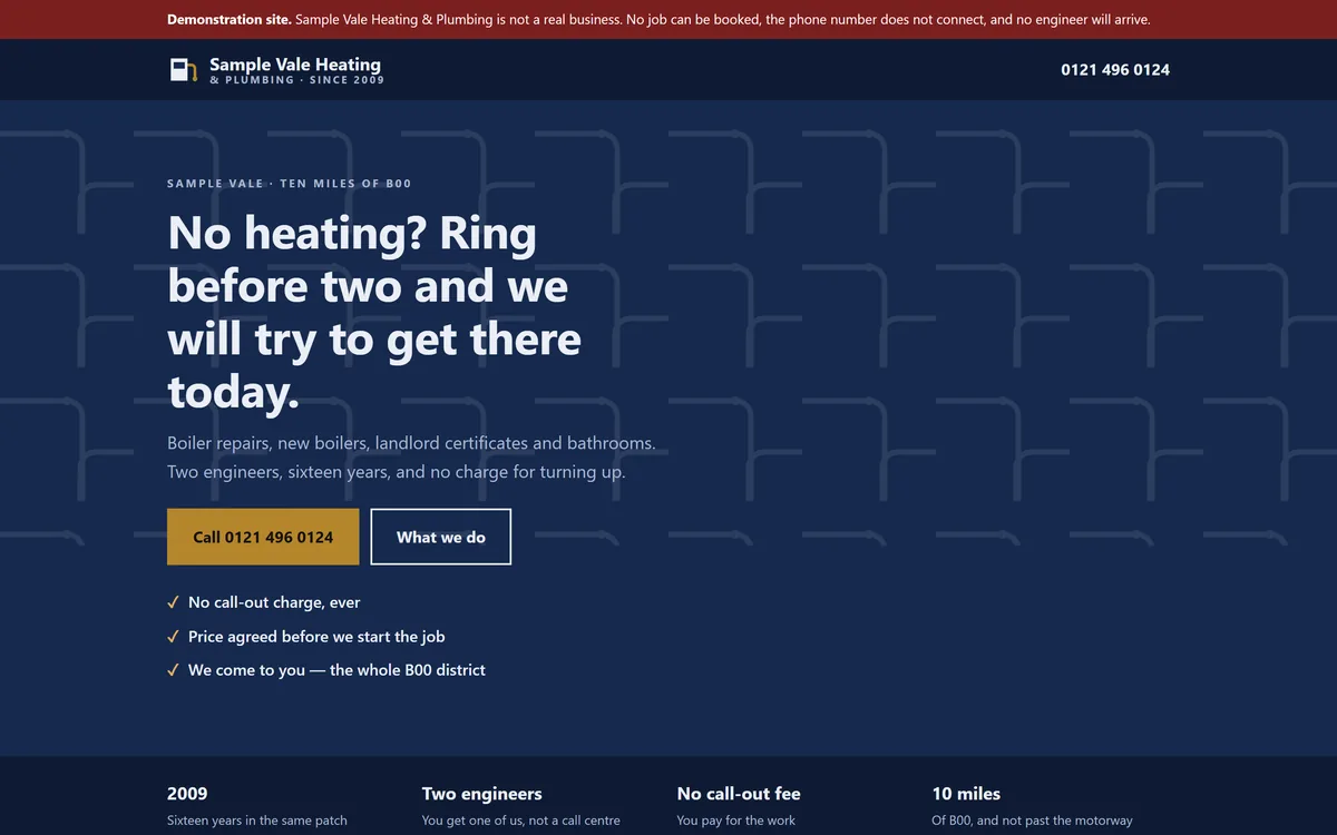 The heating and plumbing demonstration site, Sample Vale Heating, shown on a desktop screen