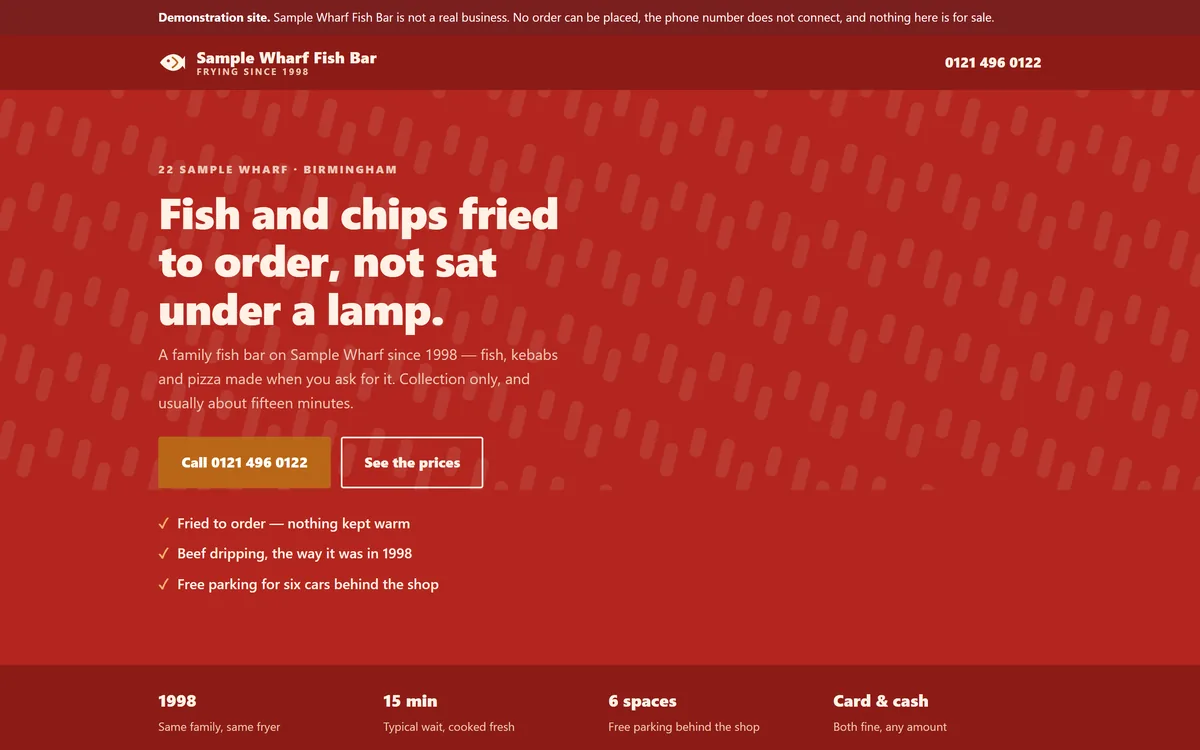 The takeaway demonstration site, Sample Wharf Fish Bar, shown on a desktop screen